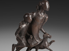 A sister and her brother rushing off to play, accompanied by their dog. The feeling of movement is captured by the dart-shape of the base and the fact that they each have only one foot on the ground!
Patinated in a mid bronze with a dark base.