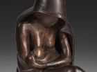 A stylised seated Mother absorbed in feeding her Baby. This sculpture has an eastern feel to it and is patinated in 3 shades of bronze, dark for the base, mid bronze for the Mother's clothes and a paler golden bronze for the Mother's body and the Baby. The piece has a tender, slightly mysterious feel to it.