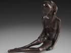 A free standing stylised study of a seated girl in contemplation.
Patinated in a mid bronze.