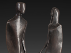 Individual Male and Female figures talking to eachother. The simple lines give an Art Deco feel to the piece with their movement frozen. They can be turned away from eachother as if they have disagreed!
Patinated in dark bronze with a black wood or stone base.